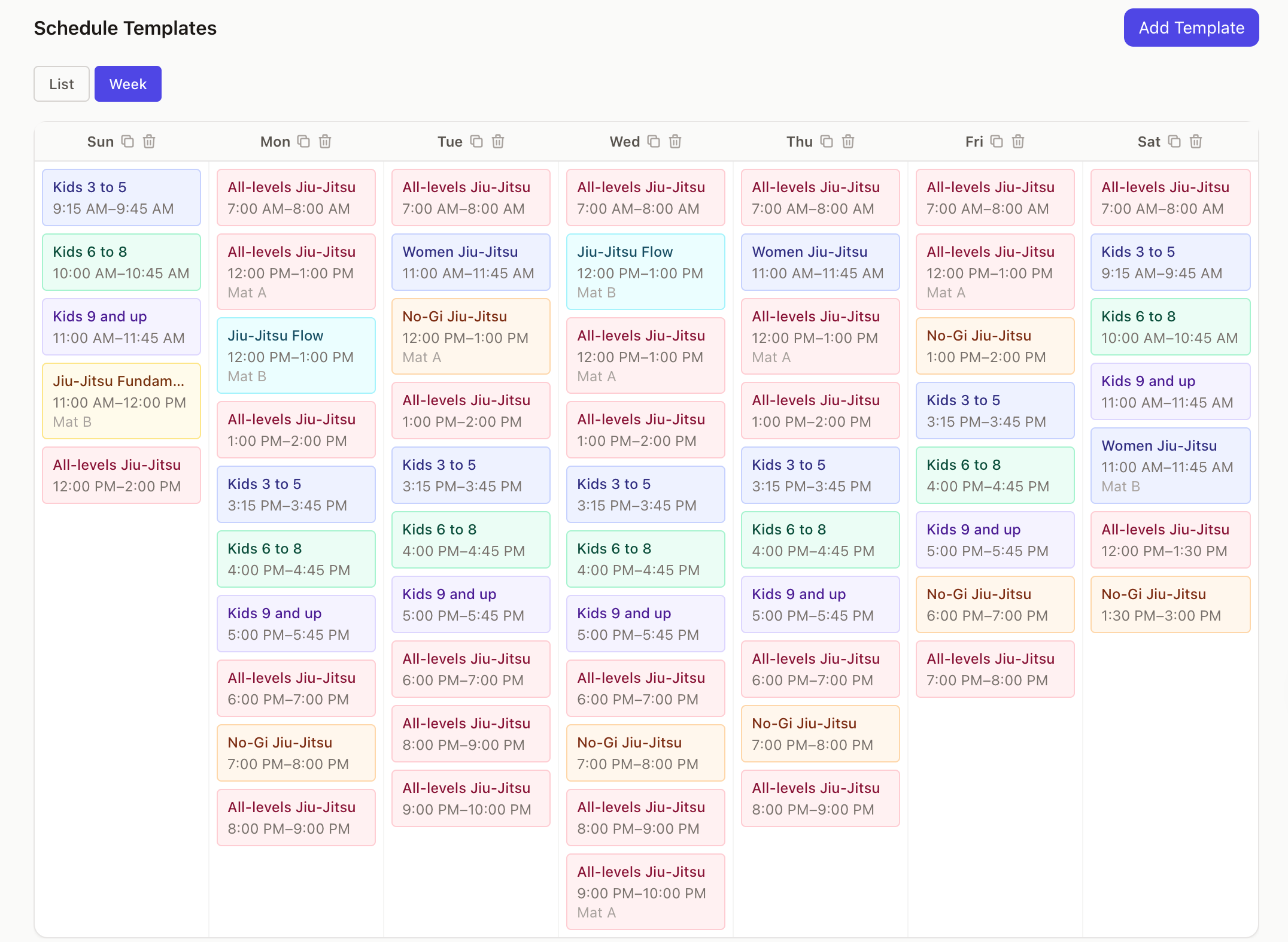 Kiso class schedule template view